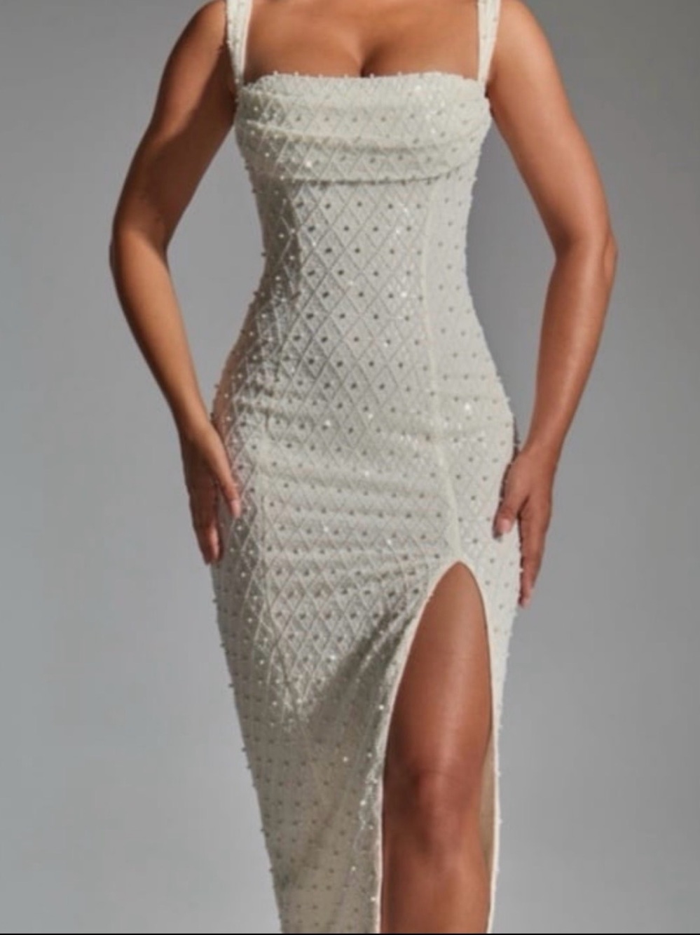Oh Polly Ivory Beaded Strap Midi Dress with Thigh Slit